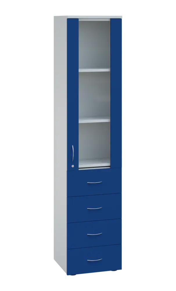 LE - 44 skříň léková prosklená, pravá, korpus bílý, dvířka královská modř